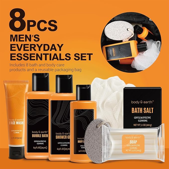 Body & Earth Gift Baskets for Men Bath Set Citrus Scented Bath and Body Gift Set with Body Lotion, Face Wash, Shower Gel, Bubble Bath, Loofah, Birthday Fathers Day Gifts