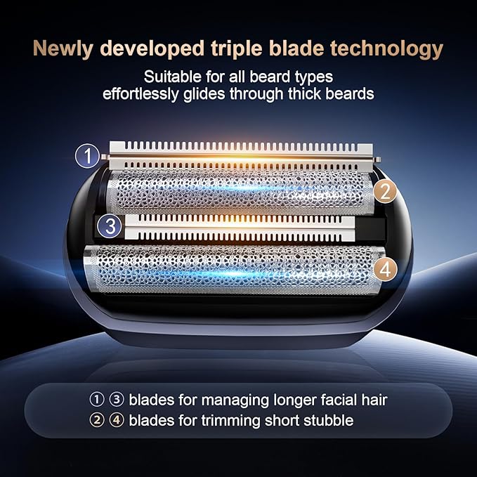 Electric Foil Shaver for Men:Triple Floating Blade Electric Razor for Face & Beard - IPX7 Waterproof Cordless Shaver with LED Display, USB-C Fast Charge & Travel Lock-Dark
