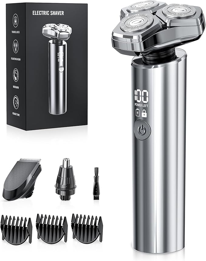 Electric Razor for Men，10,000RPM High-Speed Motor, IPX8 Waterproof, USB Fast Charging, Quick Charge & Travel Lock，Upgraded Mirror Silver