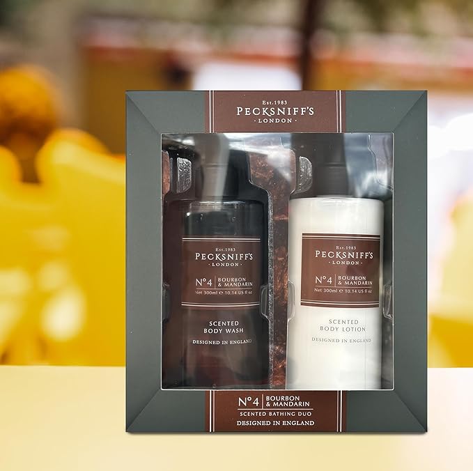 Pecksniffs Mens Bathing Duo Collection – Bourbon & Mandarin Scented Body Wash and Body Lotion Gift Set, 2 x 250ml