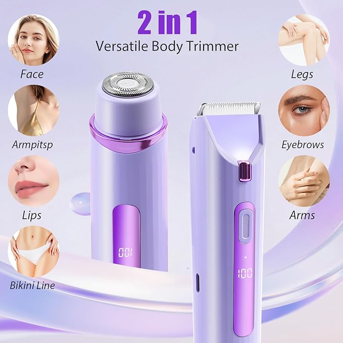 Bikini Trimmer for Women,2-in-1 Electric Shaver, Rechargeable Pubic Body Hair Trimmer Electric Shaver for Legs Body Hair,Dual Head Electric Razors Shaver, for Ladies Pubic, Face, Underarms, Legs