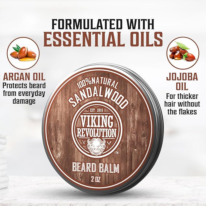 Viking Revolution Sandalwood Beard Balm - Beard Butter with Argan Oil, Beard Softener for Men with Jojoba Oil - Beard Moisturizer for Men with Beeswax - Beard Wax for Men (2oz, 1 Pack)