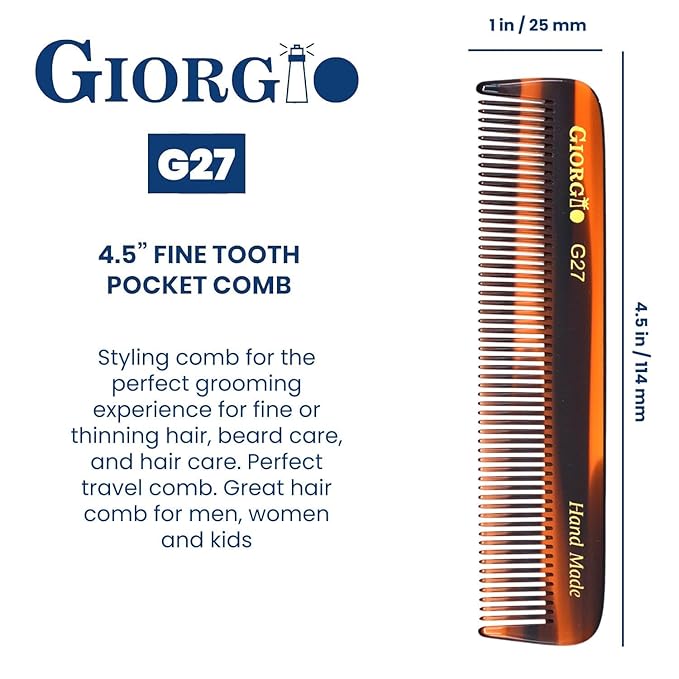Giorgio G27T/G Handmade All Fine Tooth Pocket Comb, Hair Comb Straightener for Everyday Grooming Styling Hair, Mustache and Beard for Men Women and Kids, Saw Cut and Polished (Tortoiseshell)