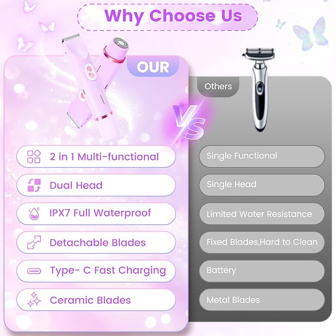 2 in 1 Bikini Trimmer for Women, Dual Head Electric Rozor, Facial Hair Removal, Ipx7 Waterproof Body Shaver for Bikini Face Armpit Pubic Hair Leg Back, Easy Cleaning, Ceramic Blade (Purple)