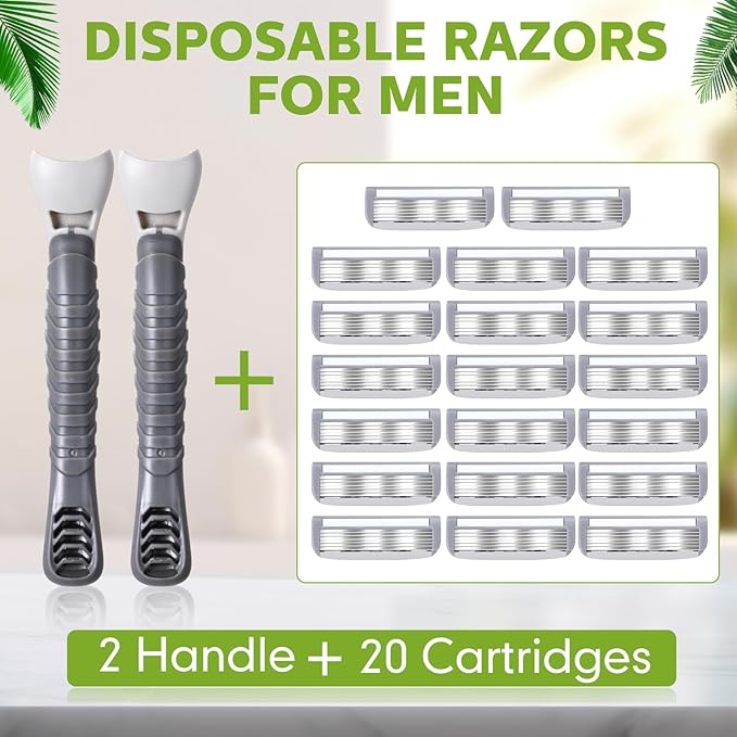 22 Pcs Disposable Men's Razors Bulk 6-blade Disposable Razors for Men Sensitive Skin Razor Individually Packaged Disposable Head Razor for Hotel Travel Spa Daily 2 Handles and 20 Cartridges