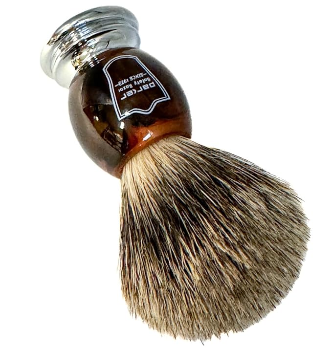 Parker 3-Band Pure Badger Shaving Brush with Faux Horn & Chrome Handle + Stand | 22mm Soft Knot for Dense Lather | Handcrafted Wet Shaving Brush for Cream or Soap | Long Loft