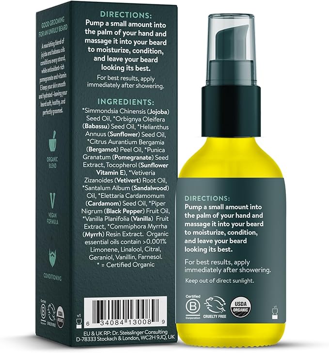 Badger Beard Oil, Babassu & Jojoba, Certified Organic, Premium Beard Conditioner, Beard Oil for Dry Skin, Beard Oil for Long Beards, Facial Hair Oil, 1 fl oz Glass Bottle