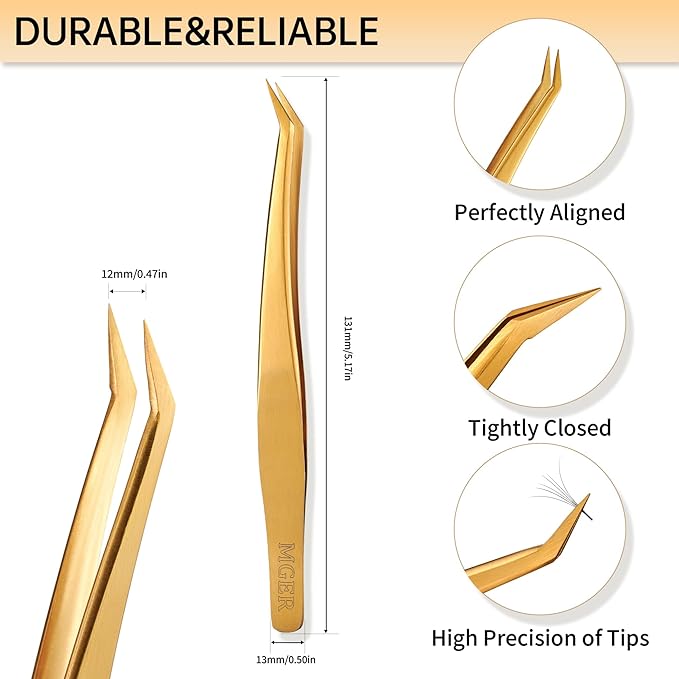 MGER Lash Tweezers for Eyelash Extension-Professional Lashing Tweezers for Mega Volume Mink Eyelashes Extensions Applying, Gold tweezers