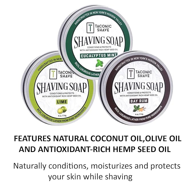 Taconic Shave Barbershop Quality Shaving Soap for Men & Women with Anti-Oxidant Rich Seed Oils – Moisturizing Shaving Soap for All Skin Types (Variety Pack - Lime, Eucaluptus Mint & Bay Rum)