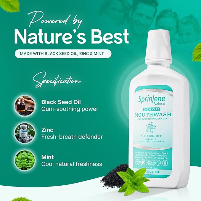 SprinJene Alcohol Free Mouthwash with Xylitol – Fluoride Free Natural Mouthwash for Dry Mouth, Whitening & Fresh Breath – Patented Black Seed Oil & Zinc Formula – Vegan & Made in The USA (2 Pack)