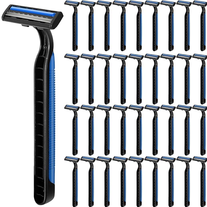 240 Pack Disposable Twin Blade Razors Individually Wrapped, Clear Safety Cap， Multipurpose Portable Shave Razor for Man Woman Bathing Hotel Travel （Blue)