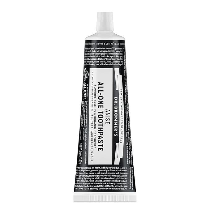 Dr. Bronner’s - All-One Toothpaste (Anise, 5 Ounce, 1-Pack) - 70% Organic Ingredients, Natural and Effective, Fluoride-Free, SLS-Free, Helps Freshen Breath, Reduce Plaque, Whiten Teeth, Vegan