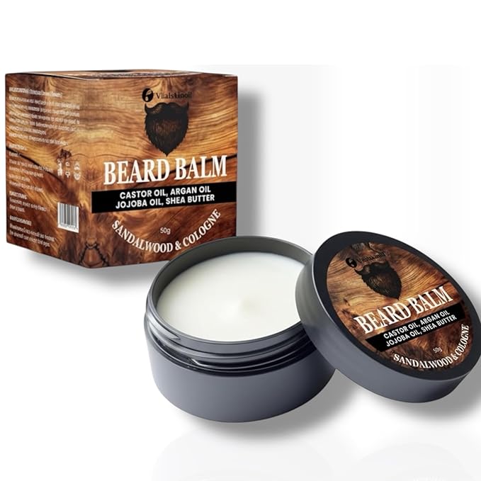 Beard Balm for Men, Cologne and Sandalwood Scent, natural growth Moustache Wax with Argan, Jojoba, Castor Oil, 50g