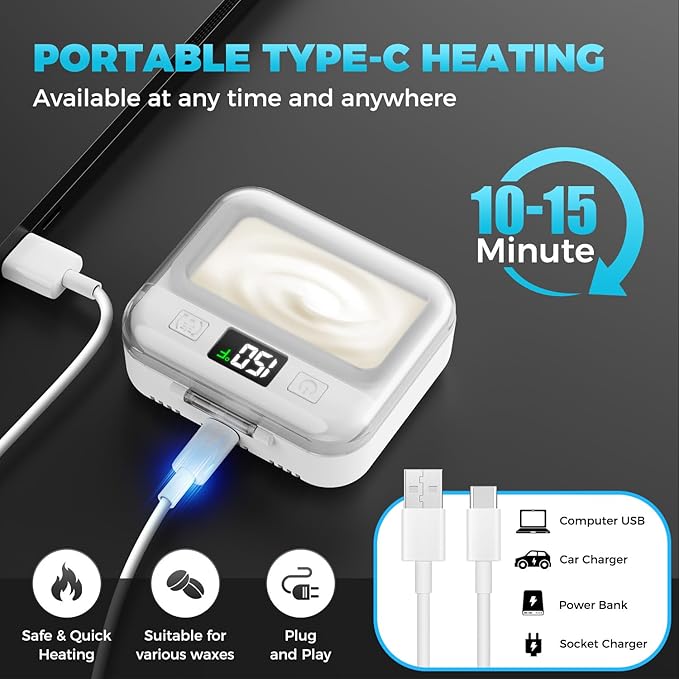 Nose Wax Kit Women Men,Nose Hair Waxing Kit with Adjustable LED Display,Ear Hair Removal Kit for Men 100 g Wax 70 Applicators,Constant Temp,USB Heated,Pocket-Size,White