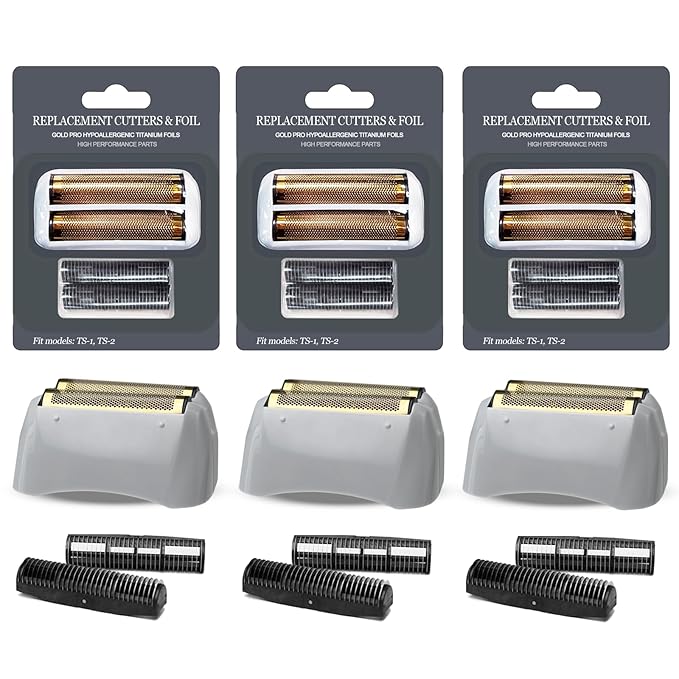 3Pack Gold Pro Foil and Cutters Replacement for Andis TS-1, TS-2 (17150/17155/17200) Shavers. (Foil Replacement x3, inner cutters x6)