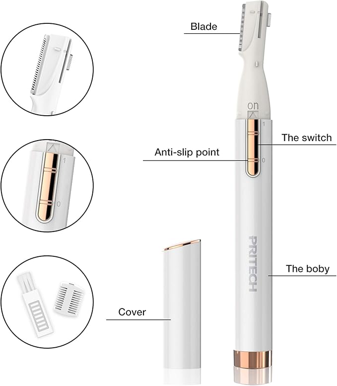 Electric Eyebrow Trimmer - Facial Hair Remover for Eyebrows, Face, Chin, Neck & Upper Lip - Painless Precision Shaver with Comb & Replaceable Blades - Battery Powered & Portable for Peach Fuzz & Body