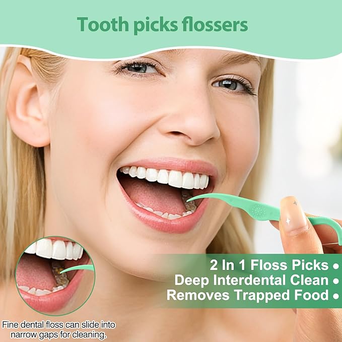 Floss Picks 200 Count Portable Dental Floss Sticks for Teeth Cleaning Dual Function Disposable Dental Floss Picks Comfortable Ergonomic Handle Tooth Picks Flossers 4 Travel Cases Green