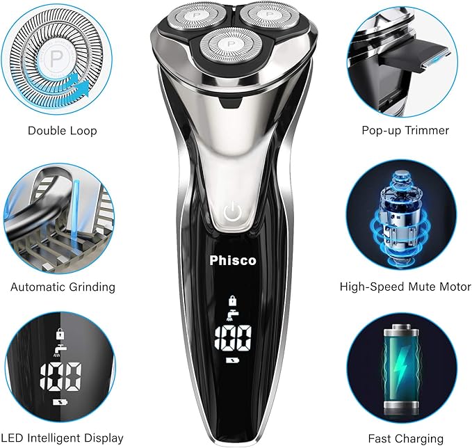 Phisco Electric Shaver Razor for Men, Rechargeable Floating Rotary Razor with Pop-up Sideburn Trimmer, LED Display Waterproof Shaver for Dry Wet Shaving