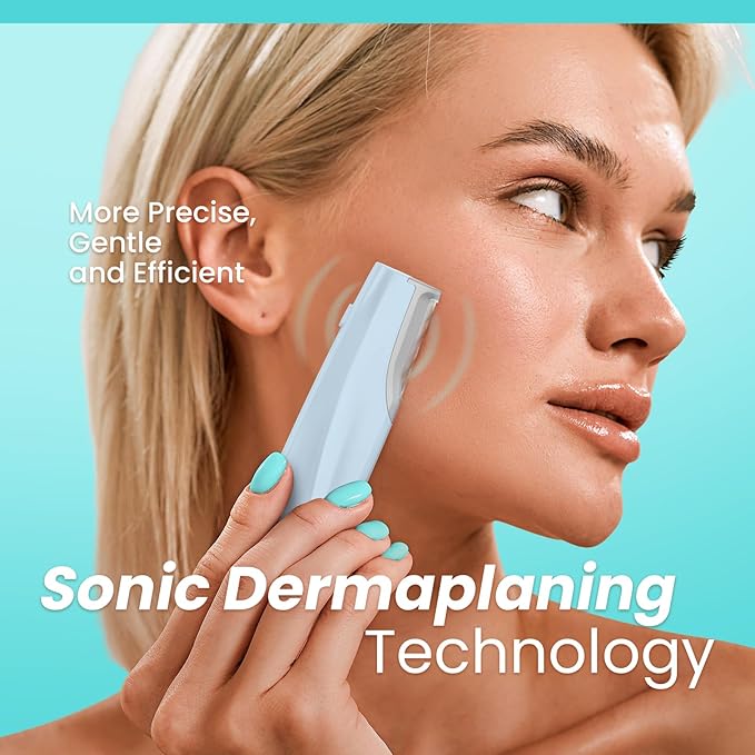 Sonic Dermaplaning Tool for Face - Rechargeable Dermaplane Razor with 6 Refill Dermablades, Facial Hair & Peach Fuzz Remover for Women (Blue)
