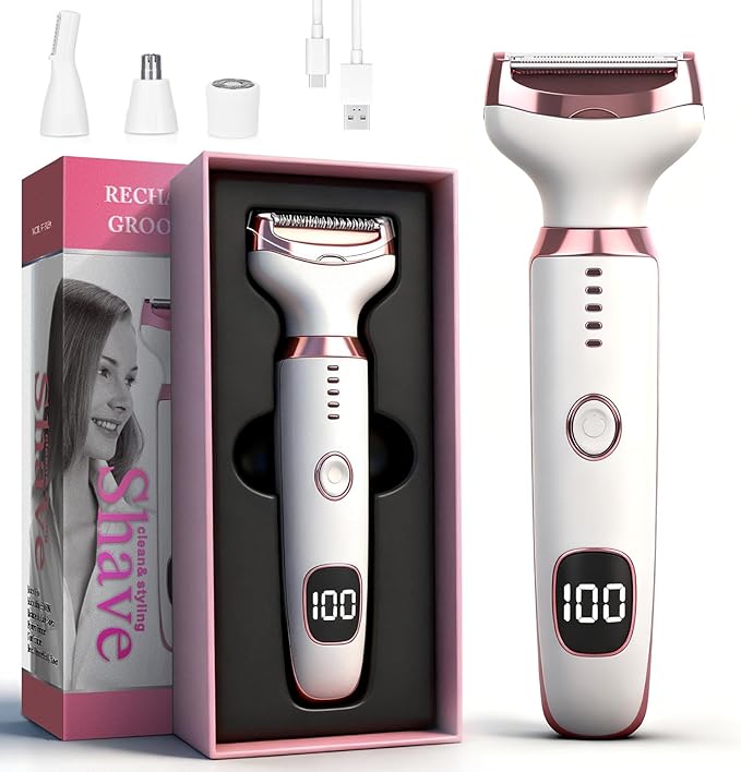 Wet & Dry Electric Razor for Women Men,4 in 1 Rechargeable Led Display Electric Shaver and Facial Hair Remover,Painless Ladies Body Razors for Nose Face Body Leg Bikini Arm Hair (White)