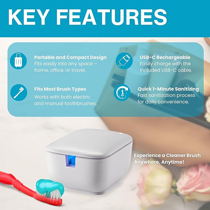 Tidy Teeth UV Toothbrush Sanitizer - Portable Cordless UVC Light Tooth Brush Holder - Cleaning and Sanitizing - Home Bathroom Countertop & Travel - USB Rechargeable Cleaner Case w/Wall Mount (1-Pack)