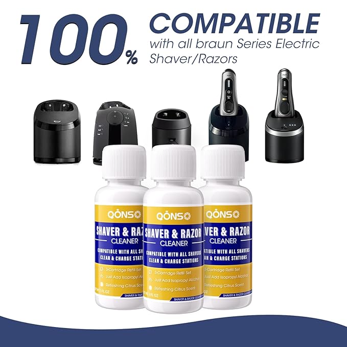 Electric Shaver Cleaning Solution - Electric Razor Cleaner，Compatible With Braun Cleaning Solution & Renew Refill Cartridges - Clipper Blade Cleaner - 3 Bottles, Makes 9 Refills