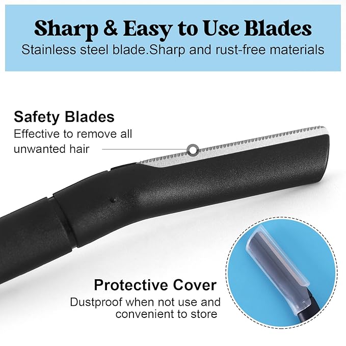 6 PCS Black Eyebrow Razor Set Face Razor for Women and Men, Multipurpose Dermaplaning Tool, Eyebrow Hair Trimmer, Face Shaver with Protective Cover, 3 Pcs Long Handles and 3 Pcs Short Handles