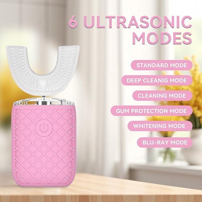 Automatic Sonic Electric Toothbrush - Adult U-Shaped Design, IPX7 Waterproof 360° Full Cleaning, Rechargeable Travel Set (Pink)