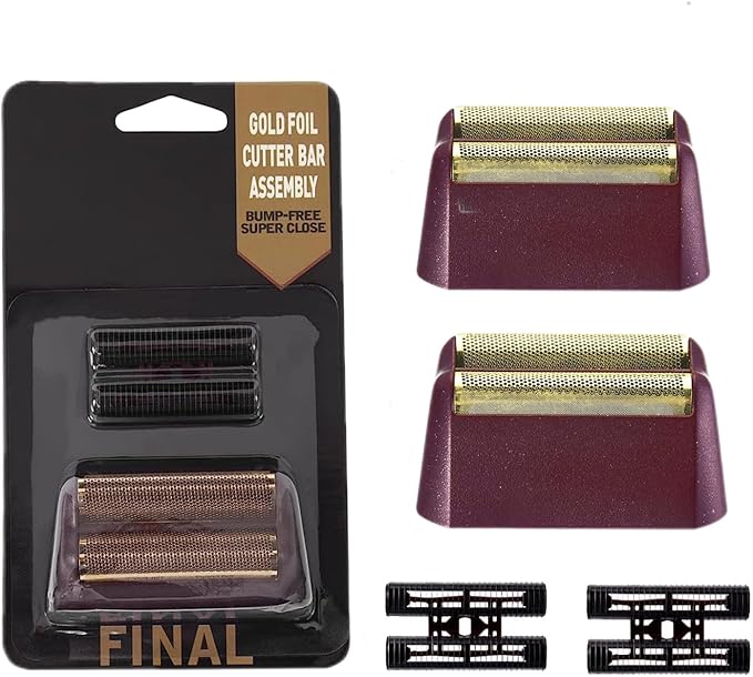 2 pcs Professional 5 Star Series Finale Shaver Shaper Replacement Super Close Gold Foil and Cutter Bar Assembly Compatible with Wahl Shaver Foil Model 7043-100,7031-100(Red)