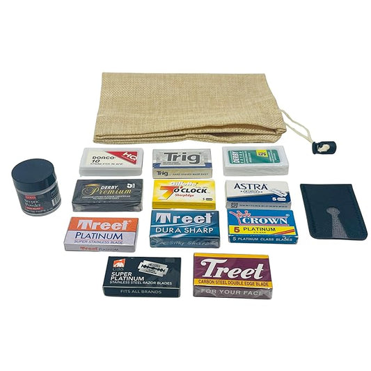 GENTS Double Edge Safety Razor Blades - 80 Premium Platinum Coated Blades + Styptic Powder & Leather Case - Men’s Wet Shaving Kit