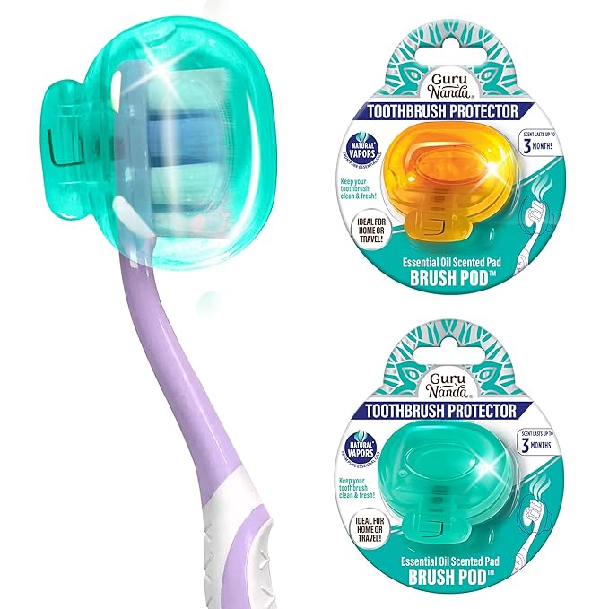 GuruNanda Brush Pods - ToothbrushCover for Manual & Electric Toothbrush, KeepsToothbrush Fresh & Clean, Travel Accessories with Natural Essential Oil Vapors, (Pack of 2)