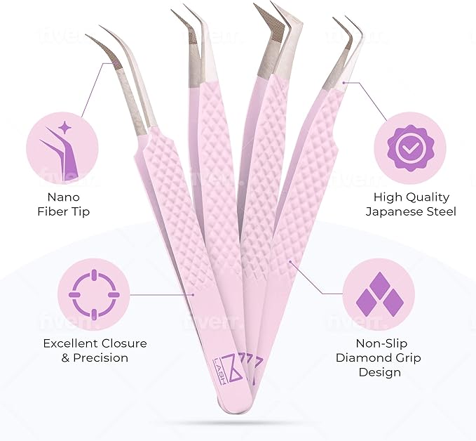 M LASH Tweezers for Eyelash Extensions (Set of 4) - Professional Lash Extension Tweezers - Fiber Tip, Japanese Steel, Diamond Grip Eyelash Extension Tweezer set (ET-GRN)