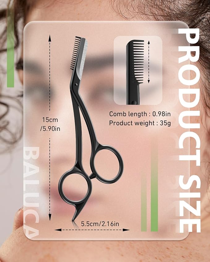 BALUCA Eyebrow Scissors with Comb | Professional Stainless Steel Eyebrow Trimmer for Women & Men | Dual-Design Precision Eye Brow Trimmer Scissors for Effortless Grooming, Silver (Black)