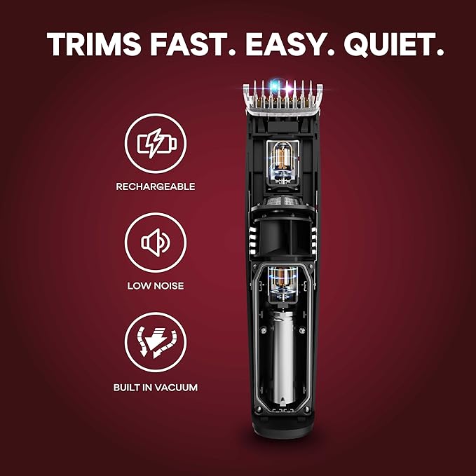 Bell+Howell Vacutrim Cordless Body Shaver for Men, Rechargeable Grooming Tool with 20 Trim Settings, Integrated Vacuum System - Black, 7.5", As Seen On TV