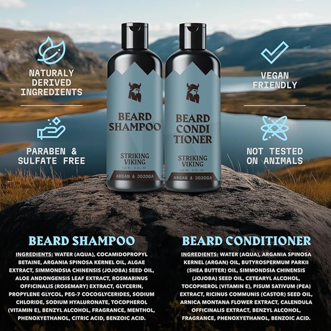 Striking Viking Beard Shampoo and Conditioner Set – 4 Fl Oz Each, Fresh Masculine Scent - Beard Wash and Conditioner for Men - Cleanses & Softens, with Argan & Jojoba Oil - Sulfate & Paraben Free