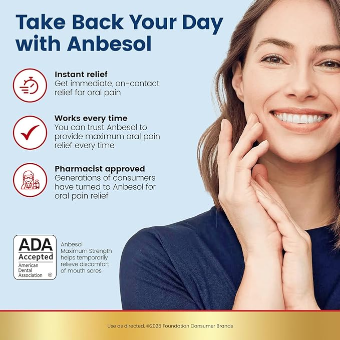 Anbesol Maximum Strength Liquid - Instant Oral Pain Relief, for Toothaches, Gums, Braces, & Denture Pain, and Mouth Sores*, Canker Sore Treatment Inside Mouth, ADA Accepted, 0.41 oz
