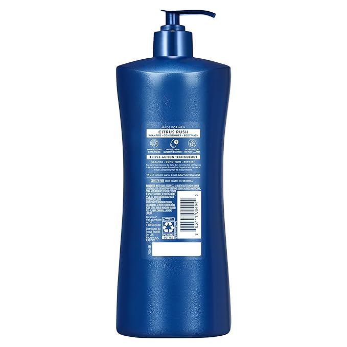 Suave Men Citrus Rush Daily Clean 3 in 1 Shampoo, Conditioner & Body Wash with Glycerin & Keratin Hydrates & Smooths Hair, Citrus Scent, 4 Count, 28 FL OZ Pump