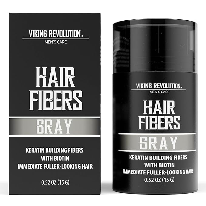 Viking Revolution Gray Hair Fibers for Thinning Hair Men - Thick Fiber for Bald Spot Cover Up - Hair Building Fibers with Kerating and Biotin - Hair Fiber for Men for Thicker and Fuller Look (0.52oz)