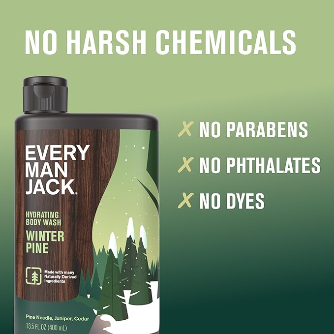 Every Man Jack Hydrating Body Wash - Winter Pine - Deeply Clean with Glycerin + Naturally Derived Ingredients - 13.5 oz (2 Pack)