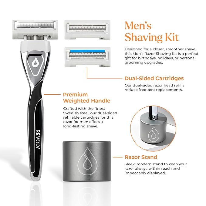 REVOLV - Men’s Razor - 1 Premium Weighted Handle + 1 Dual-Sided Cartridge + 1 Stand - For a Closer, Smoother Shave - Safe on Sensitive Skin - Black