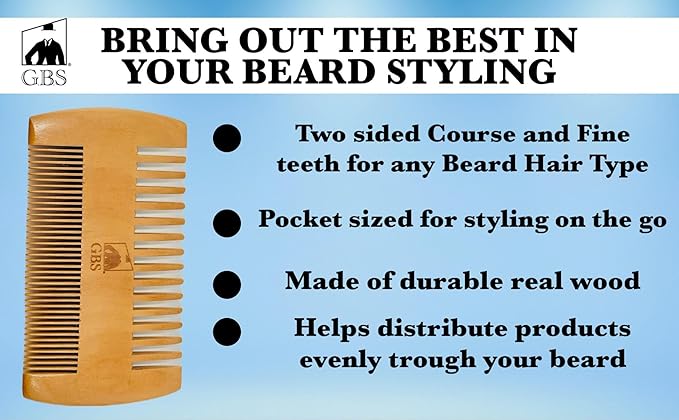 GENTS 2-Sided Wooden Beard & Mustache Comb with Fine & Coarse Teeth for Use with Balms, Wax and Oils - Pocket Sized