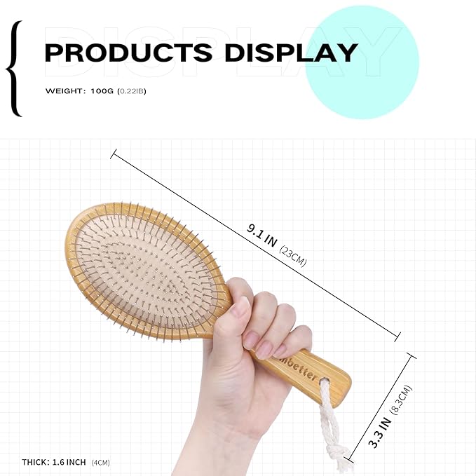 Bamboo Hair Brush, Smoothing Hair & Massage Scalp, Detangling Anti-Static Hairbrush, Natural Wood Brush with Metal Bristles for Women, Men & Children