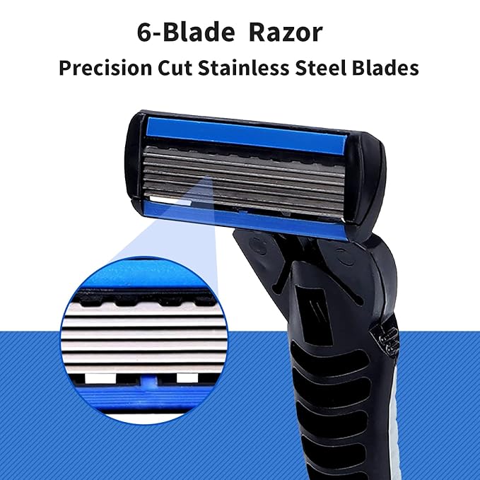 6-Blade Razor,Plastic Anti-slip Men Manual Refill Cartridges razors, Reusable Face Cleansing Care Tool, 24 pcs refill cartridges, Shave Supplies for Men and Women - Black