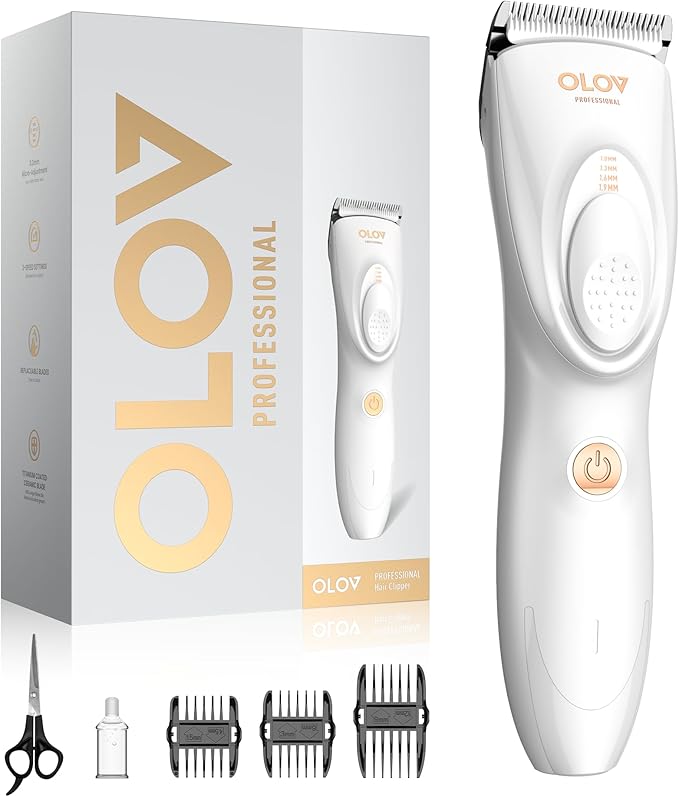 Hair Clippers for Men, Cordless Hair Clipper Kit, Adjustable 4 Length Setting, 2-Speed Settings, Replaceable Ceramic Blade Heads, Rechargeable Hair Clippers for Family (White)