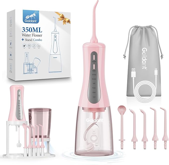 2026 New 350ML Water Flosser with Drainage & Storage Stand, Keeps Dry & Clean, 5 Modes, 360°Nozzle, Cordless Rechargeable, IPX7 Waterproof, Portable for Home & Travel (Pink)