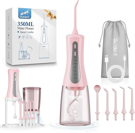 2026 New 350ML Water Flosser with Drainage & Storage Stand, Keeps Dry & Clean, 5 Modes, 360°Nozzle, Cordless Rechargeable, IPX7 Waterproof, Portable for Home & Travel (Pink)
