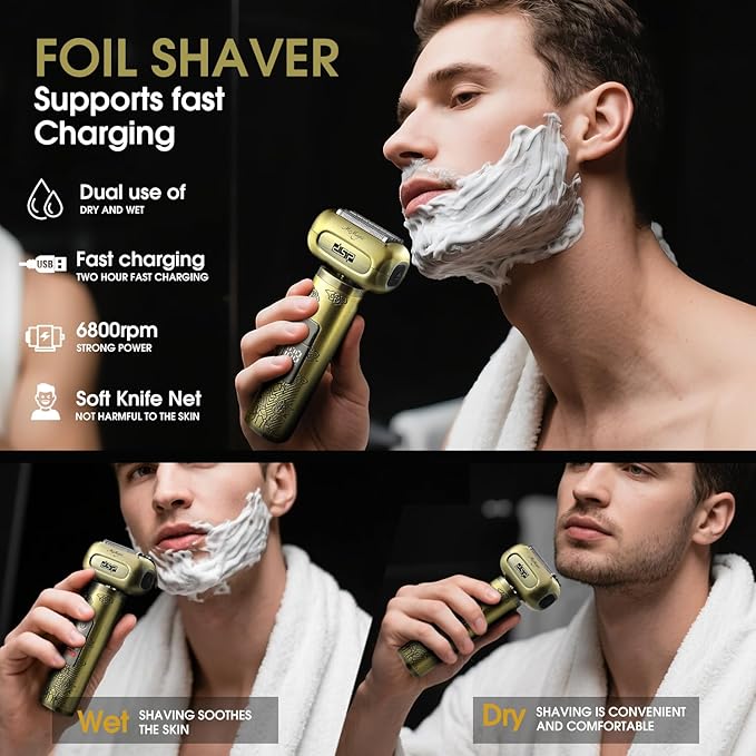 DSP Electric Shavers for Men, IPX6 Waterproof, Type-C, Rechargeable Shaver, 4-Blade Cutting System, Electric Foil Shaver, Travel Lock (Bronze)