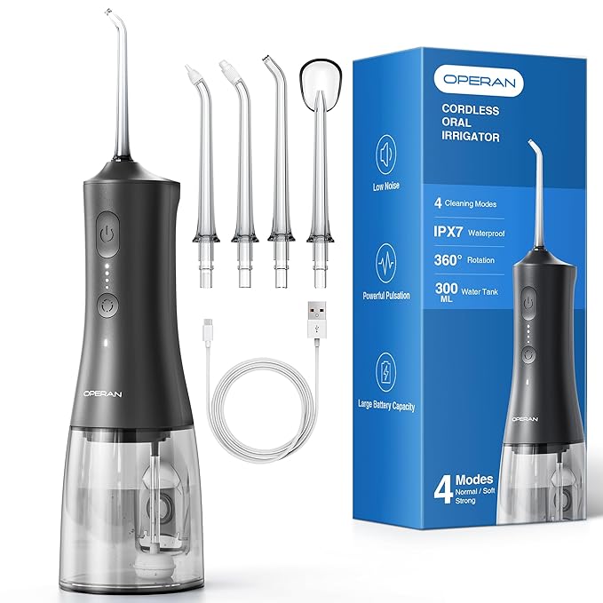 OPERAN Water Flossers for Teeth, Cordless Portable Water Flossers for Adults Braces, IPX7 Waterproof with 4 Modes, 4 Professional Nozzles, 300ml Tank & 21 Days Runtime for Travel, Black, 1Pack