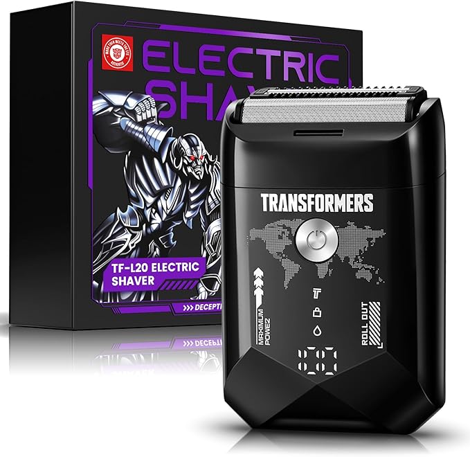 Transformers Electric Foil Shaver for Men, Hasbro Portable Electric Shaver with Dual Floating Blades & LED Display Electric Razor for Men with 2 Gears Adjustable IPX7 Waterproof USB Type C