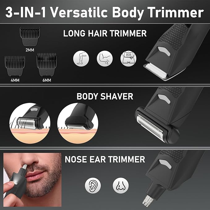 Body Hair Trimmer for Men, 3 in 1 Electric Ball Groin Razor Shaver, Pubic Hair Trimmer for Wet/Dry Use, Cordless Charging Mens Groomer Kits with Led Spotlight